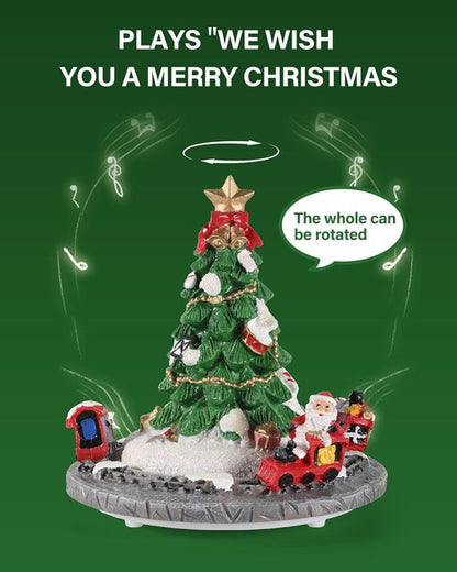 iStatue Rotating Musical Christmas Tree Figurine - 6” Tall Resin Holiday Decoration with Santa Train, Plays “Merry Christmas”