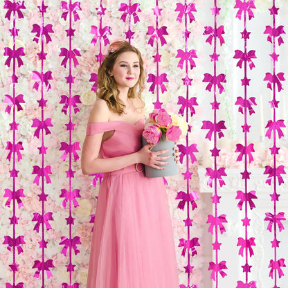 Menstarsi Bow Party Decorations - Hot Pink Foil Fringe Curtains | 2 Pack, 3.3 X 6.6 Ft Backdrop for Birthdays & Bachelorette Parties