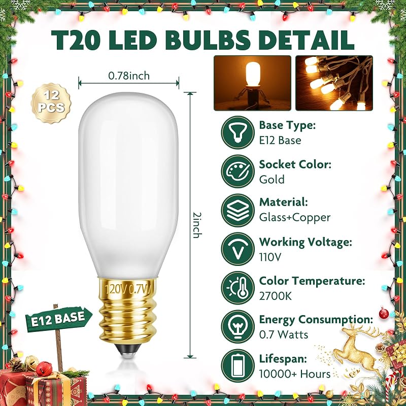 12Pcs Christmas Village Light Bulbs with E12 Base, T20 LED 2700K 110V Gold Sockets (Variation: 12 Gold)