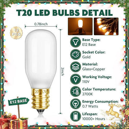12Pcs Christmas Village Light Bulbs with E12 Base, T20 LED 2700K 110V Gold Sockets (Variation: 12 Gold)