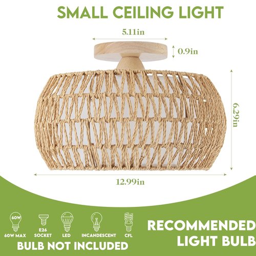 DSLITING Rattan Chandelier Boho Ceiling Light Fixtures Drum Flush Mount Ceiling Light Small Woven Chandelier for Kitchen Bedroom Hallway Nursery Light Fixture