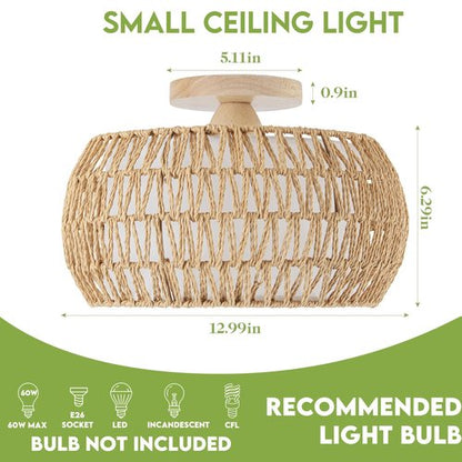 DSLITING Rattan Chandelier Boho Ceiling Light Fixtures Drum Flush Mount Ceiling Light Small Woven Chandelier for Kitchen Bedroom Hallway Nursery Light Fixture