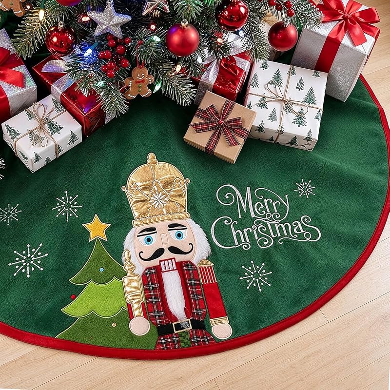 Christmas Tree Skirt Nutcracker 48 Inch - Green with Red Edging, 48in