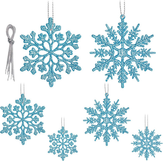Skiennix 36-Pack Blue Snowflake Ornaments - Glittery Plastic Hanging Decorations for Winter Wonderland Trees