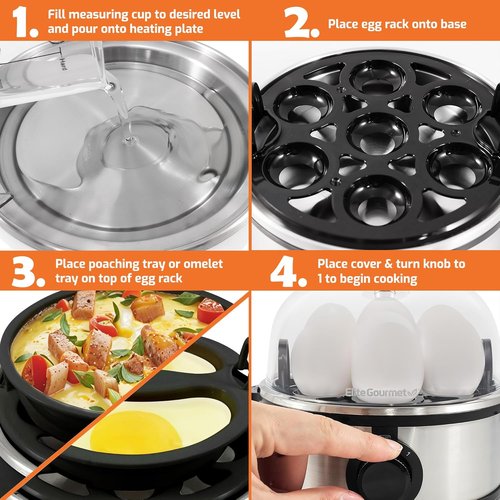 Elite Gourmet Electric Egg Poacher - Easy Omelet & Boiled Egg Cooker with Auto Shut-Off | 7 Eggs, Stainless Steel