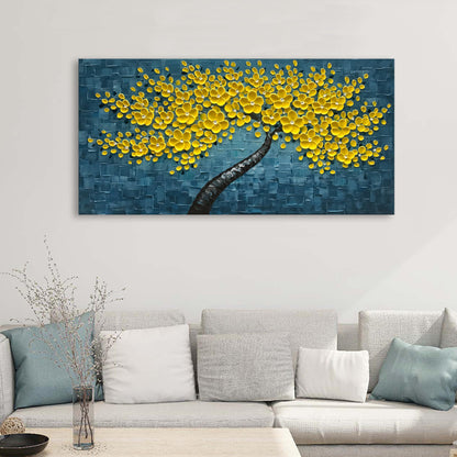 Epicler art 100% Hand Painted 3D Yellow Flower Tree Oil Painting Blue Canvas Texture Mural Living Room Bedroom Dining Room Mural 24x48 inches