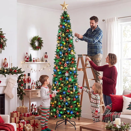 NEWBULIG 9 ft Pencil Christmas Tree - Green with Multicolor LED Lights, 1100 Tips, 8 Modes, Slim Pre-Lit
