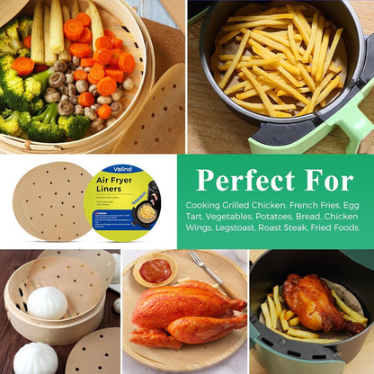 Vailnd Air Fryer Parchment Paper - 50 Unbleached Round Liners | 8.5-Inch Perforated Sheets for Baking & Cooking