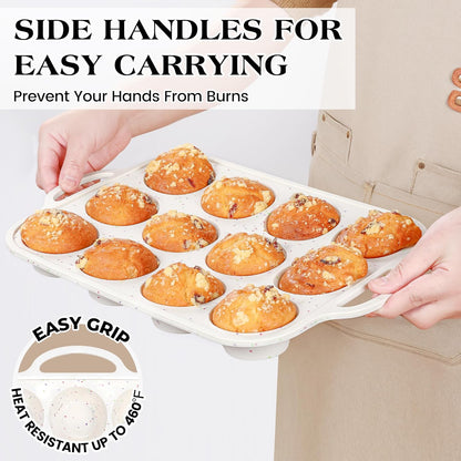 Skiennix Silicone Cupcake Pan Set - Nonstick 12 Cup & Mini 24 Cup Muffin Molds | BPA Free, Cream Color (2 Pcs)