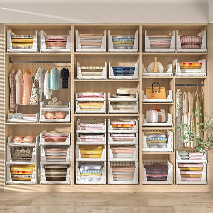 Stackable Plastic Storage Baskets by [Brand Name] - Foldable Closet Organizers for Clothes & Pantry | 5L Size