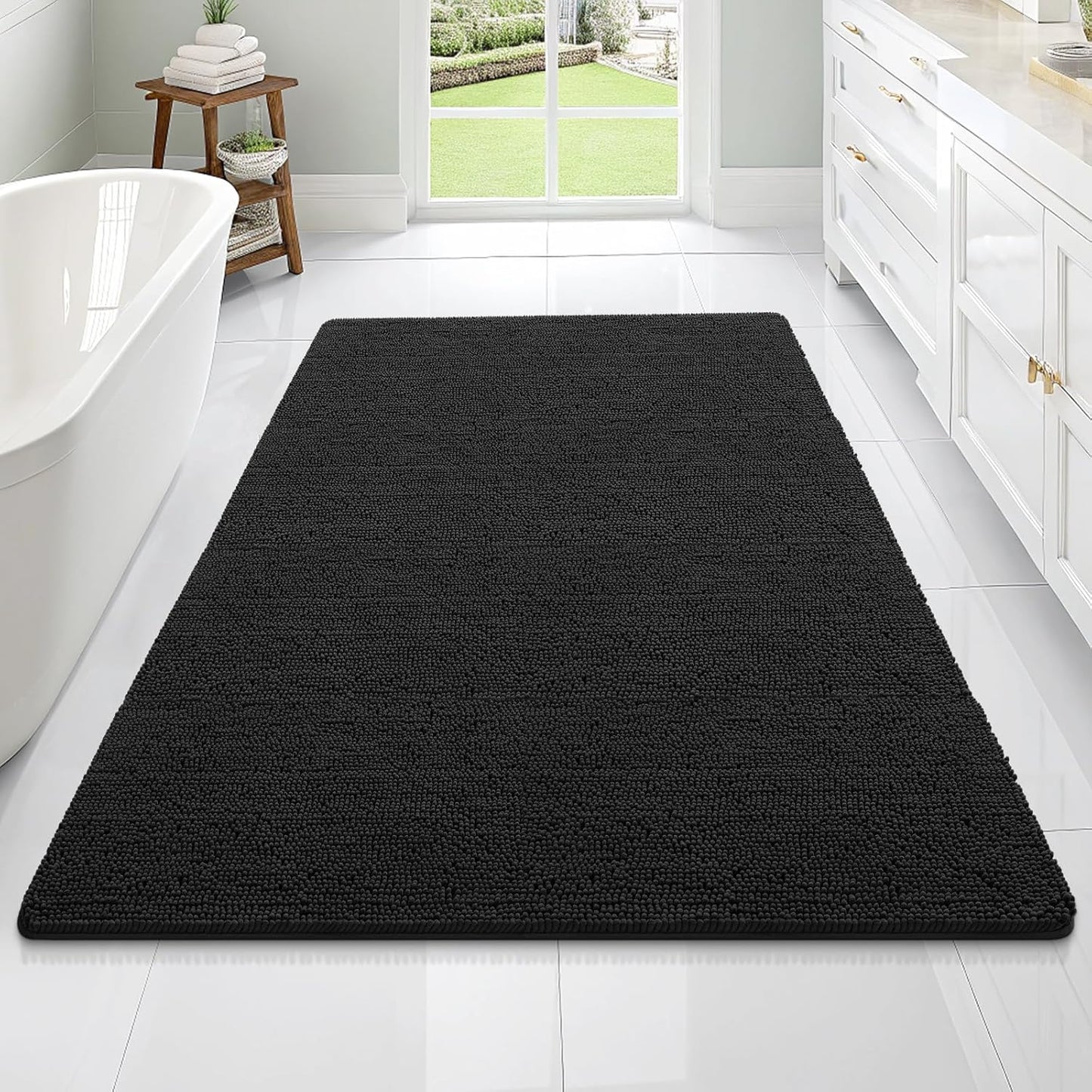 OLANLY Large Bathroom Rugs - Extra Soft Chenille Bath Mats with Rubber Backing | 70x46, Quick Dry, Black