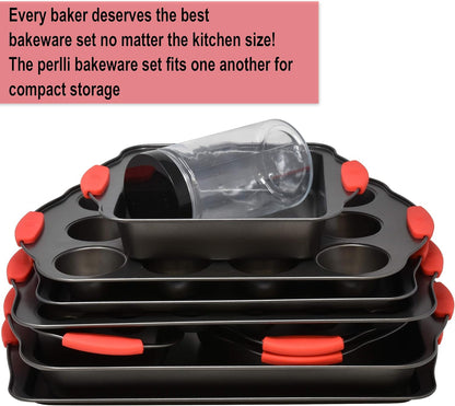 Perlli 12-Piece Nonstick Bakeware Set - Quality Carbon Steel Kitchenware with Red Silicone Handles | Ideal for Cakes, Loaves, Muffins & More