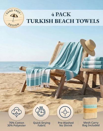LANE LINEN Oversized Beach Towel - Quick Dry, Sand Free, Lightweight Travel Towel | 4 Pack, Aqua, 39"x71"