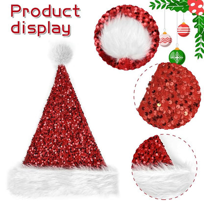 Dolkoic Red Sequin Santa Hat for Adults - Plush Christmas Party Hat