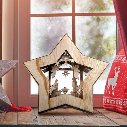Wooden Nativity Scene Set - Rustic Christmas Tabletop Decor with LED Light for Indoor Display