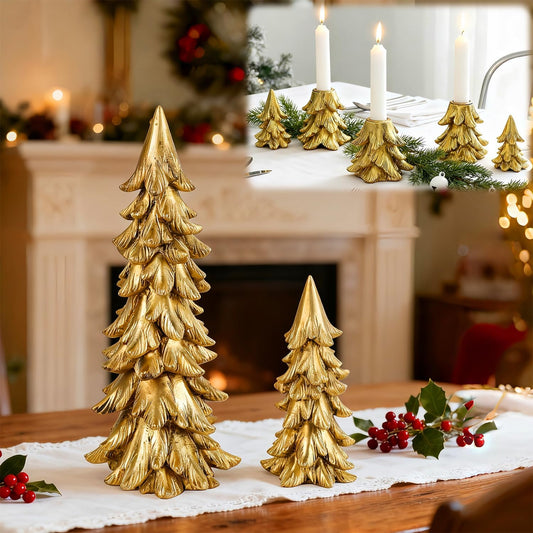 Skiennix Vintage Christmas Table Decorations - Golden Resin Tree Candle Holders Set for Holiday Centerpieces