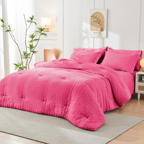 HYMOKEGE Hot Pink Queen Comforter Set Seersucker 7 Pieces, All Season Luxury Bed in a Bag Queen for Bedroom, Bedding Set with Comforter, Sheets, Pillowcases & Shams