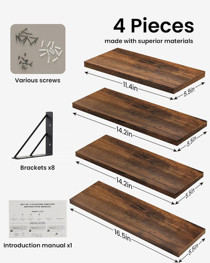 BAYKA Floating Wall Shelves - Rustic Wood Storage for Bathroom, Living Room & Kids' Rooms | Set of 4