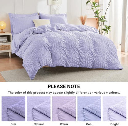 HYMOKEGE Comforter Set - Light Purple Seersucker Luxury Bedding | 7-Piece All-Season Bed in a Bag