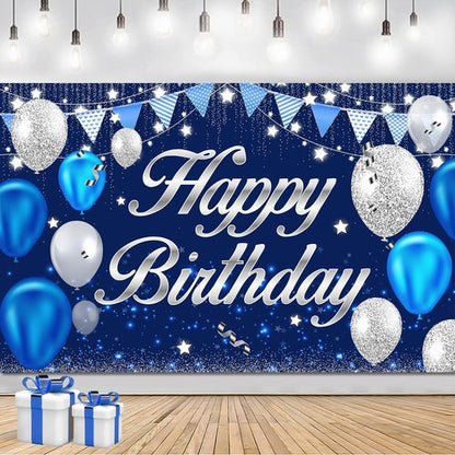Happy Birthday Banner - Blue & Silver Party Decorations for Men, Women, Boys & Girls