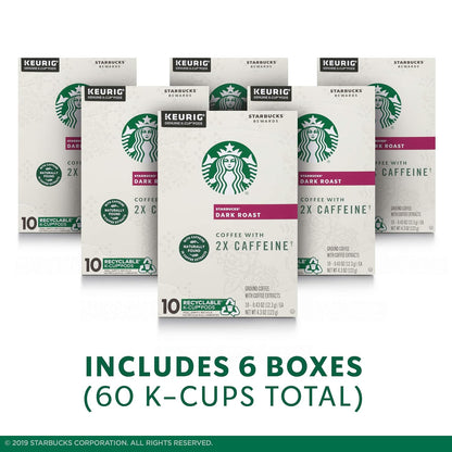 Starbucks Dark Roast K-Cup Coffee Pods - 2X Caffeine for Keurig Brewers | 60 Pods in 6 Boxes