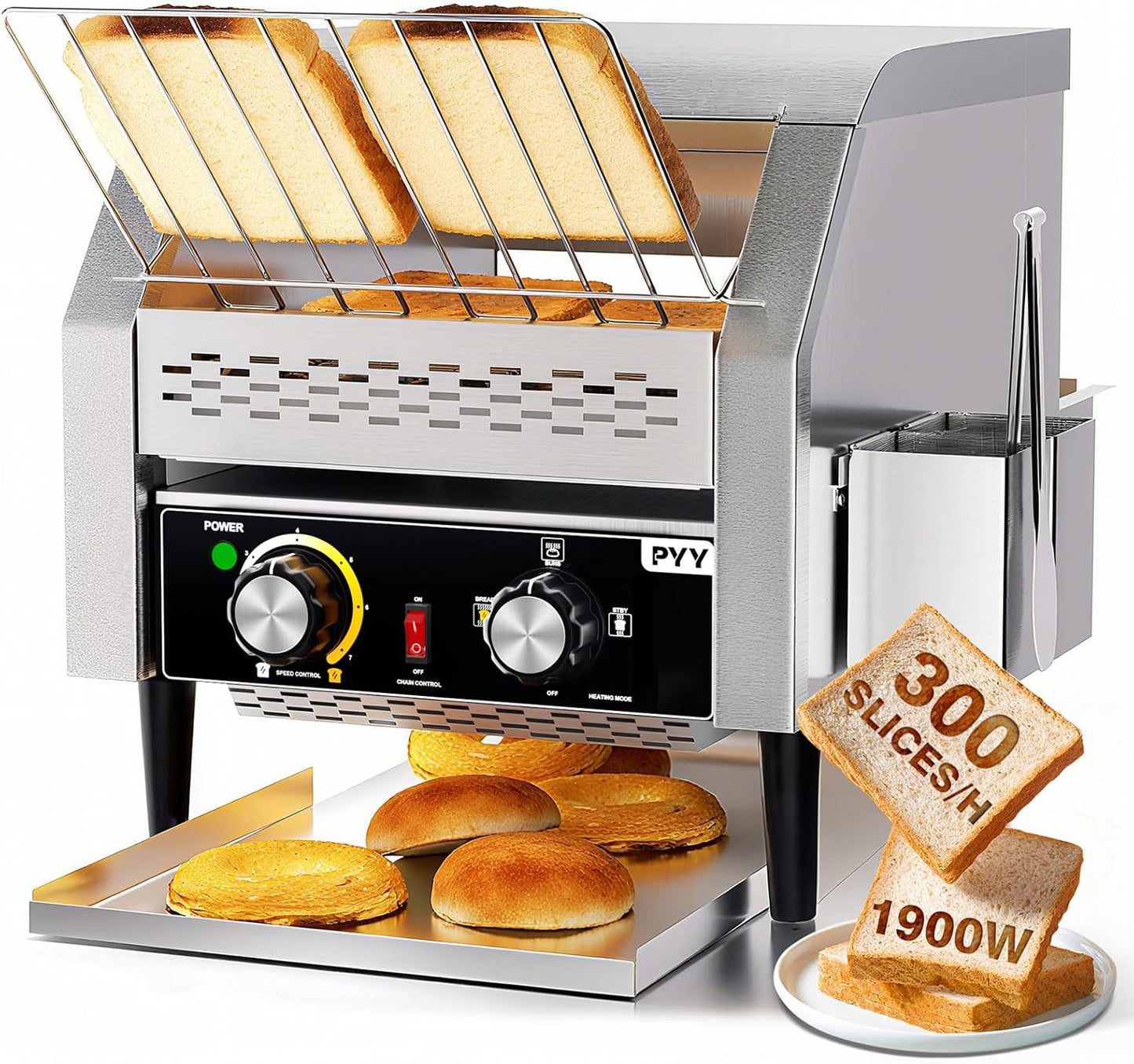 PYY Commercial Conveyor Toaster - 300 Slices/Hour Heavy-Duty Stainless Steel, 1900W, 110V