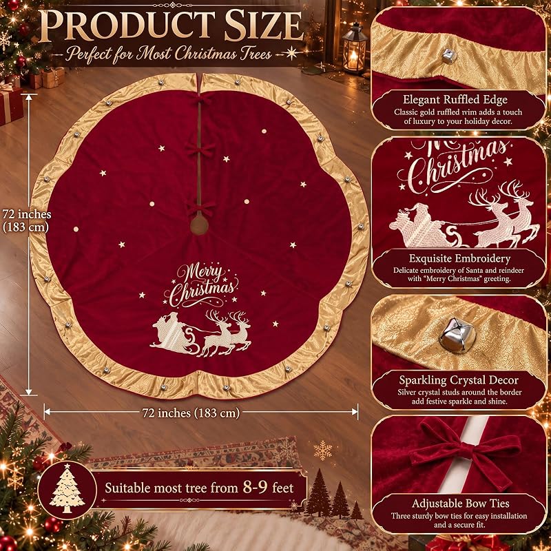 72 Inch Velvet Christmas Tree Skirt with Santa Reindeer Embroidery - Burgundy Vintage Scallop