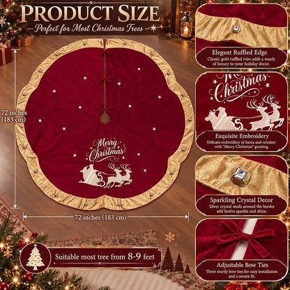 72 Inch Velvet Christmas Tree Skirt with Santa Reindeer Embroidery - Burgundy Vintage Scallop