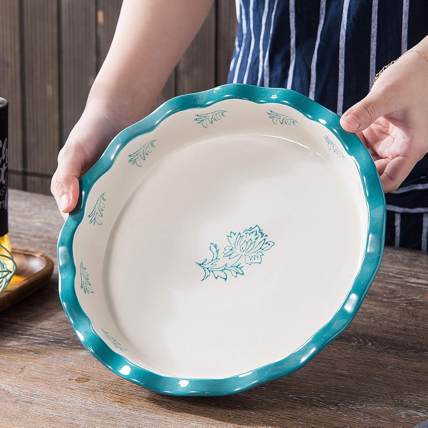 Wisenvoy Ceramic Pie Pan - Non-Stick Deep Dish Blue Porcelain Pie Plate | Perfect for Baking