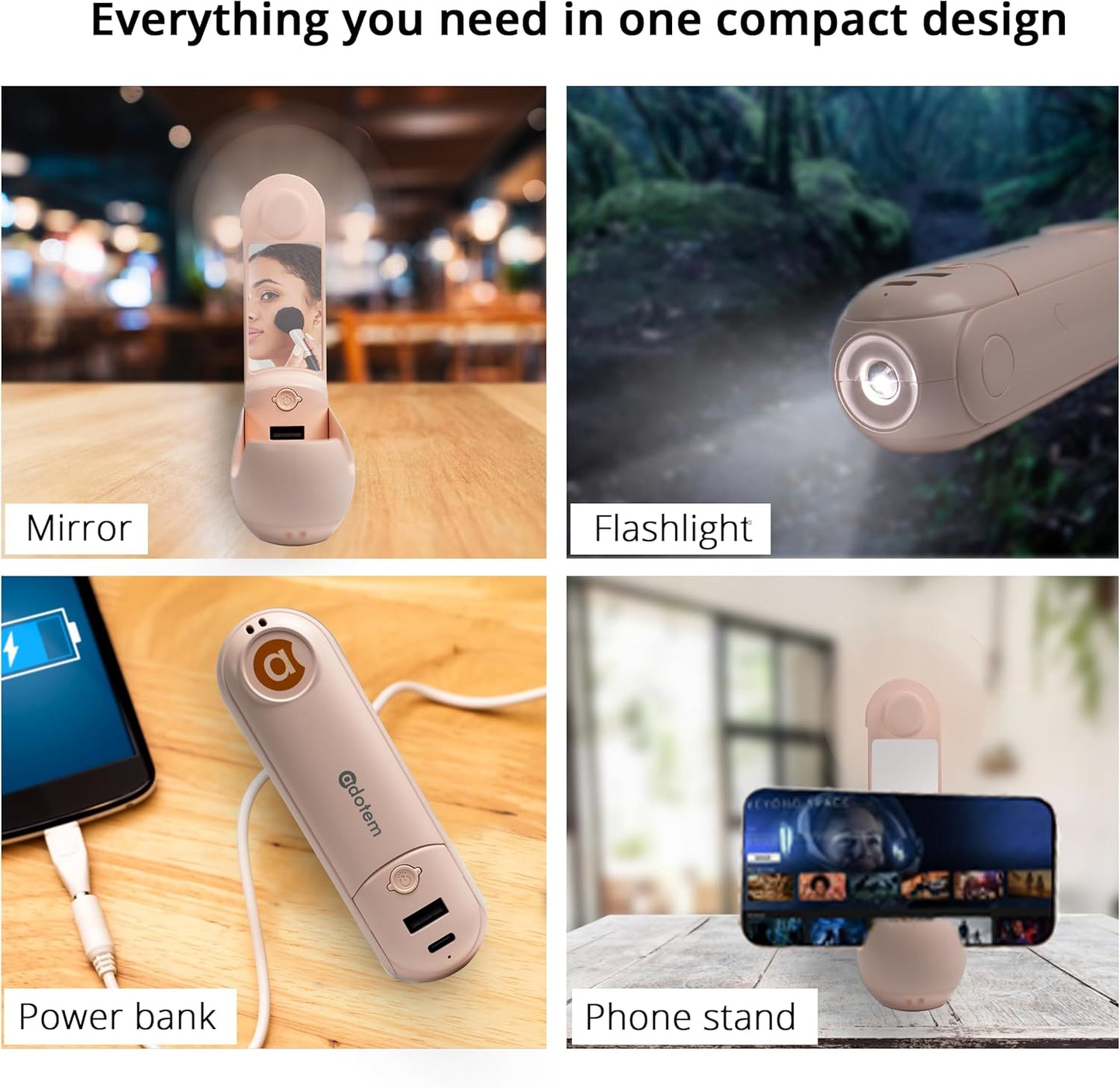 Skiennix 4-in-1 Portable Handheld Fan - USB Rechargeable Cooling Fan with Power Bank & Mirror | Pink