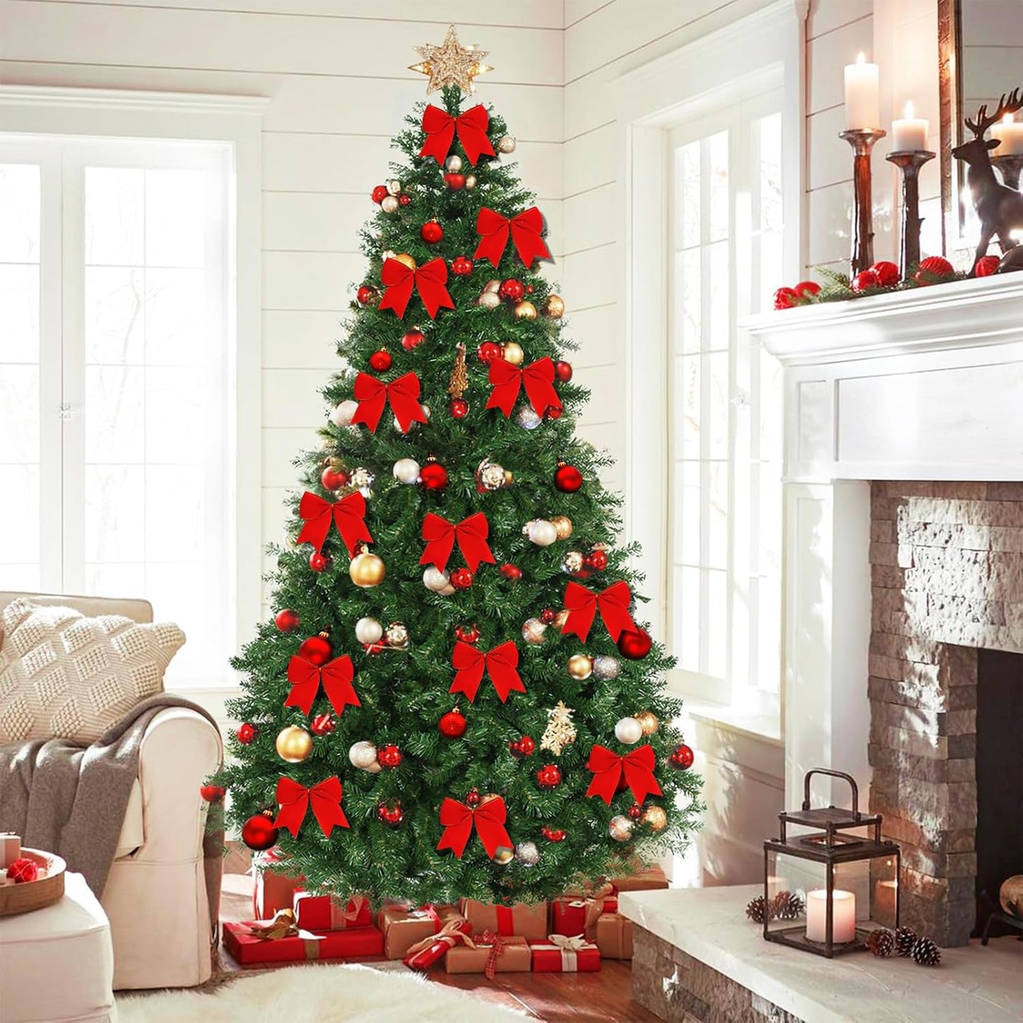 Regine Switzerland 12Pcs Red Velvet Bows - 6 Inch Christmas Tree Decorations for Holiday Decor