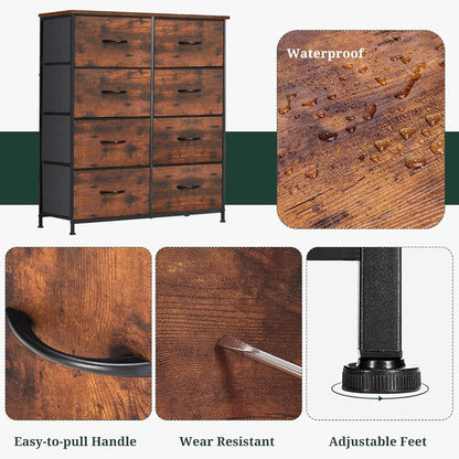 Regine Switzerland 8-Drawer Dresser - Anti-Tip Tall Storage Organizer with Wooden Top & Metal Frame - Brown