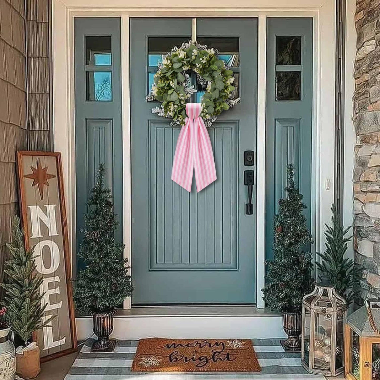 Skiennix Wreath Sash - 2 Pack Boxwood Garland for Front Door Decor | Pink and White Stripe