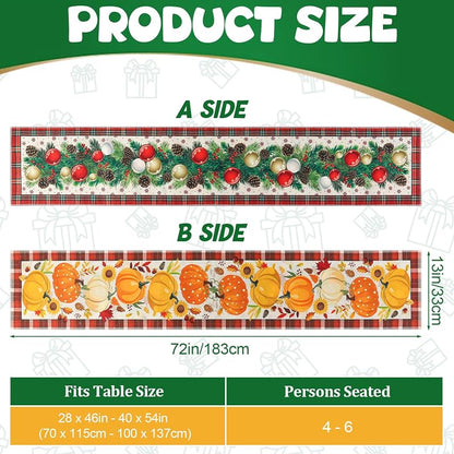 Double Sided Table Runner for Thanksgiving & Christmas 13 x 72 Inches