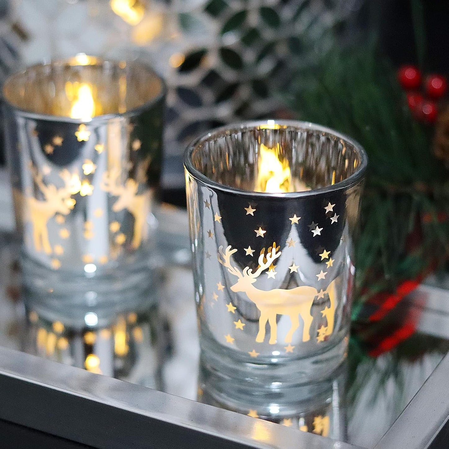 Silver Votive Tealight Candle Holders - 12PCS Christmas Decor with Carved Reindeer for Festive Centerpieces