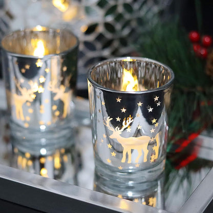 Silver Votive Tealight Candle Holders - 12PCS Christmas Decor with Carved Reindeer for Festive Centerpieces