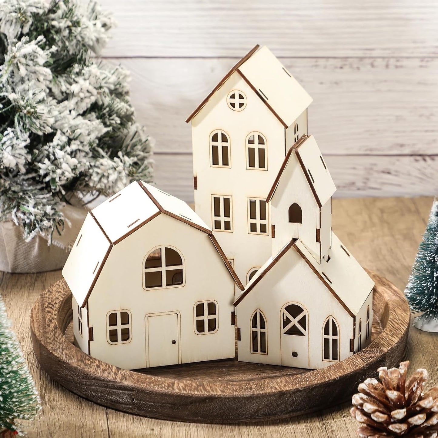 Wonderjune Christmas Village Set - 3 Piece DIY Wooden House Craft Kit for All Ages | 8 Inch Size