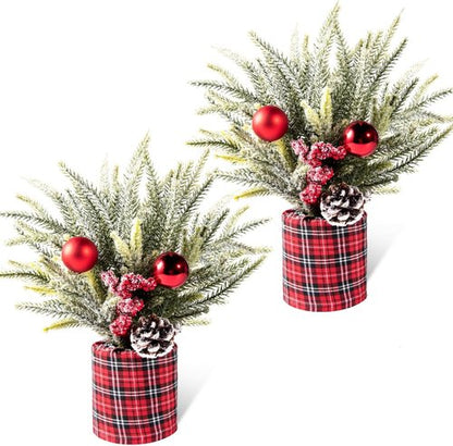 Buffalo Check Plaid Christmas Tree | 2 Pack Small Centerpiece Decor with Pine Cones & Berries