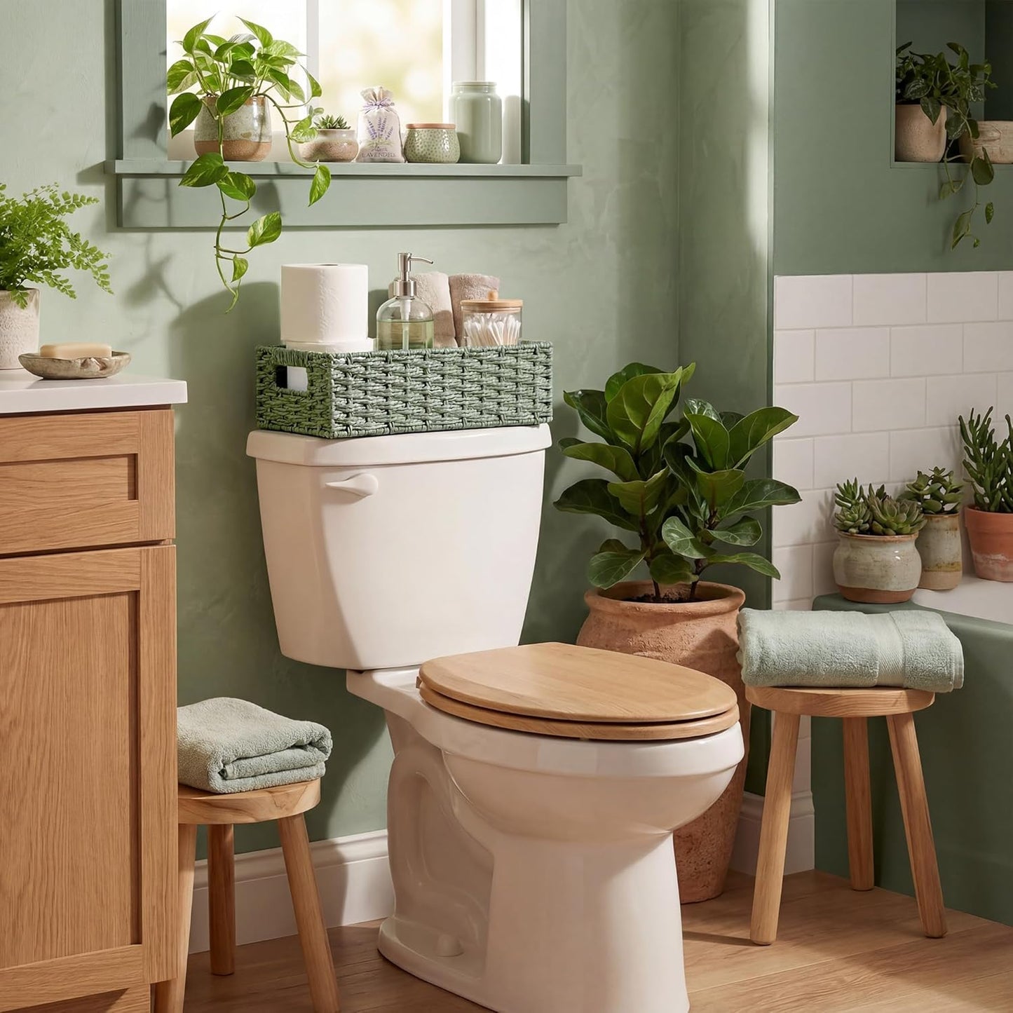 StorageWorks Wicker Toilet Basket - Small Tank Topper with Built-in Handles | Sage Green Bathroom Organizer