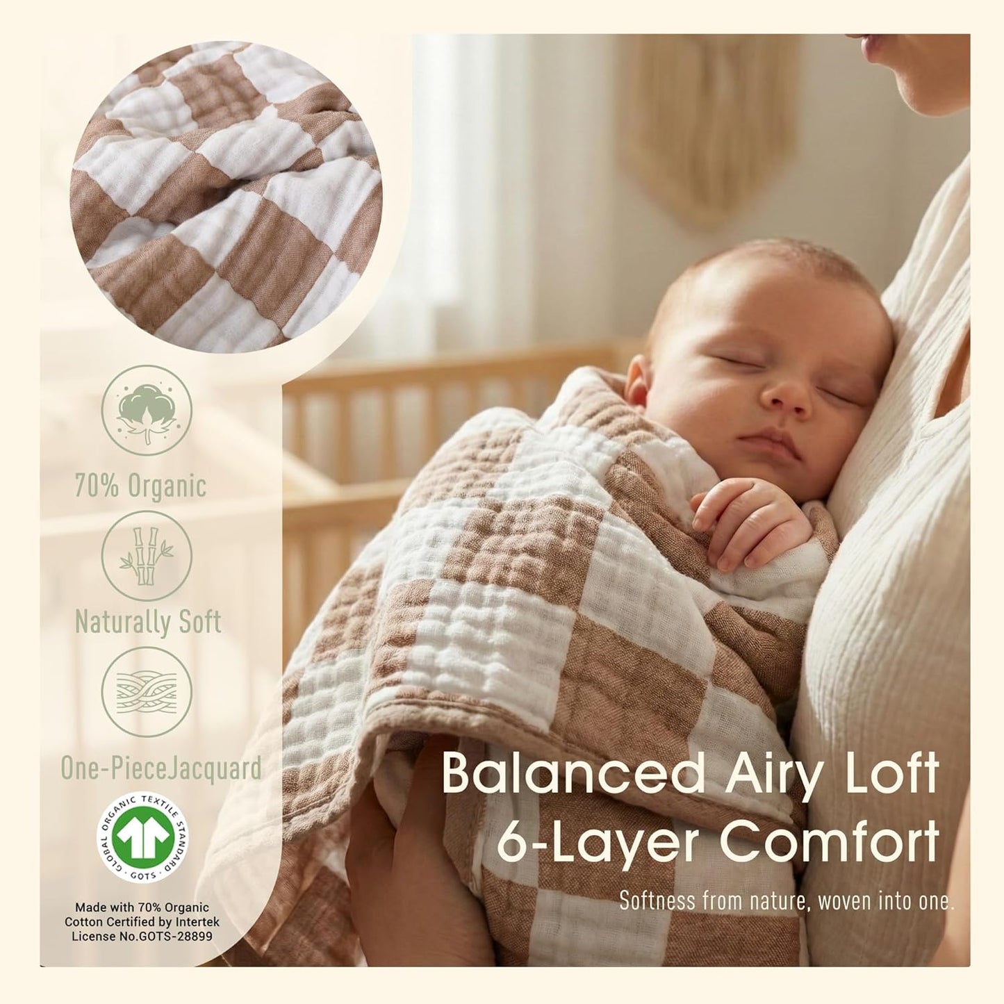 Skiennix Ultra Soft Muslin Baby Blanket - Versatile Swaddle & Bed Blanket for Boys & Girls | Coffee Checkered 1 Pack