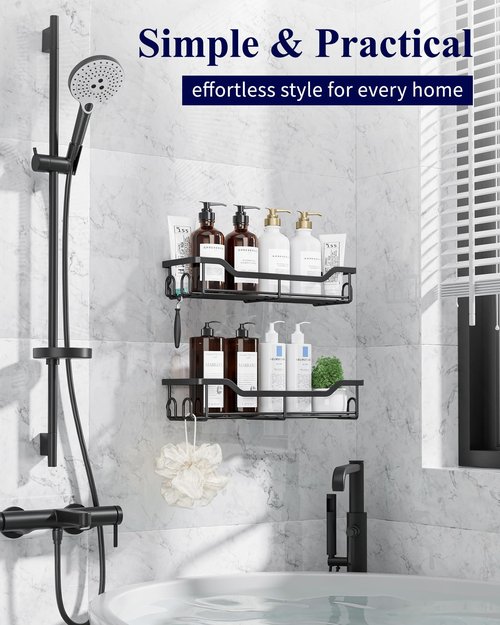 Kitsure Shower Caddy Large - Adhesive Shower Organizer, Stainless Steel Shelf for Inside Shower, No Drill Bathroom Organizers and Storage, Home Decor Accessories, 2 Pack, Black