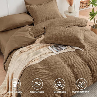 HYMOKEGE King Size Comforter Set - Luxury 7-Piece All-Season Bedding Set in Brown with Sheets & Pillowcases