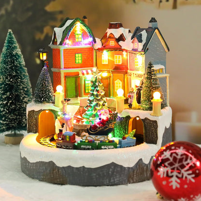 Afirst Christmas Village Houses - Lighted Collectible Figurines with Moving Train & Santa Sleigh | Musical Indoor Display