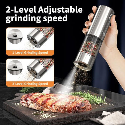 DIJEE 2Pack Electric Salt and Pepper Grinder Set with Tray USB Rechargeable Pepper Grinder Mill with LED Light Adjustable Coarseness Large Capacity Automatic Gravity Pepper Grinder for Kitchen