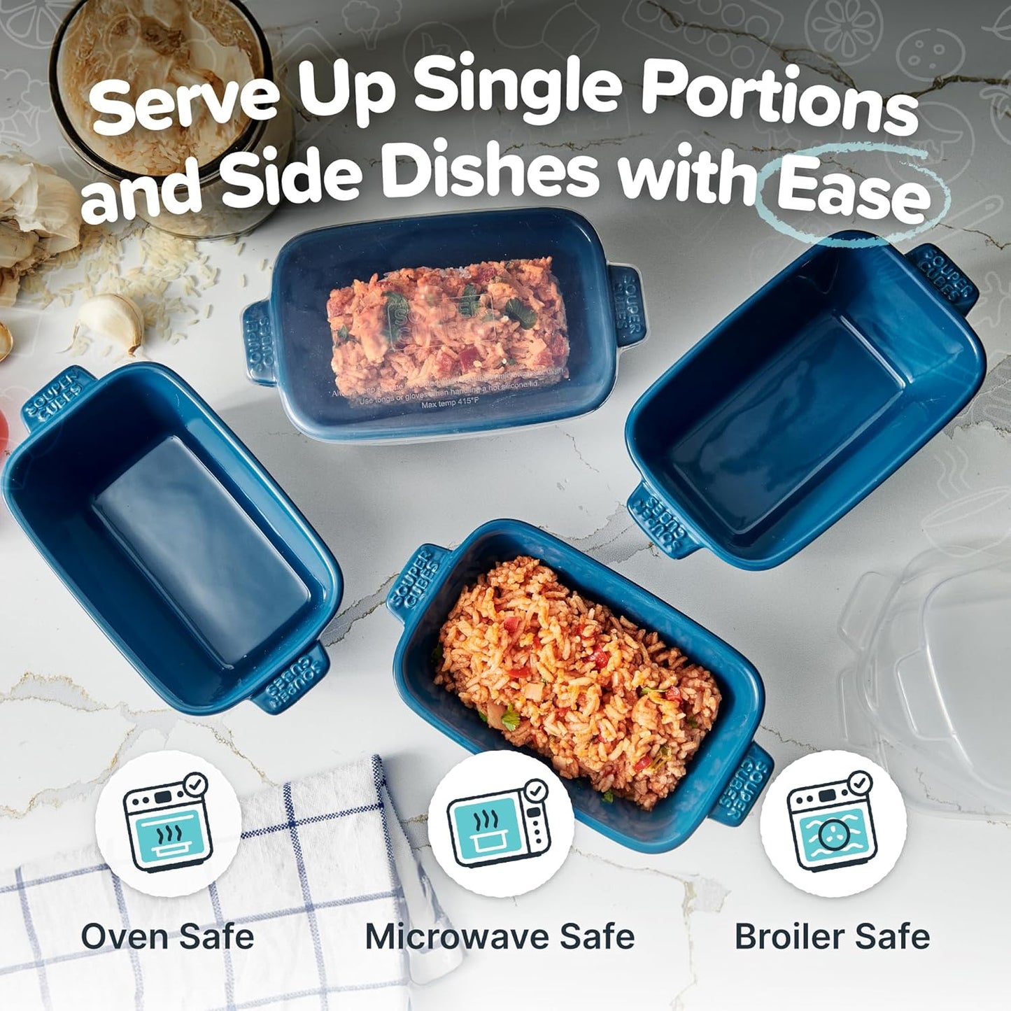 Souper Cubes Stoneware - Small 5" x 3" Ceramic Baking Dish Set of 4 with Silicone Covers | Blueberry