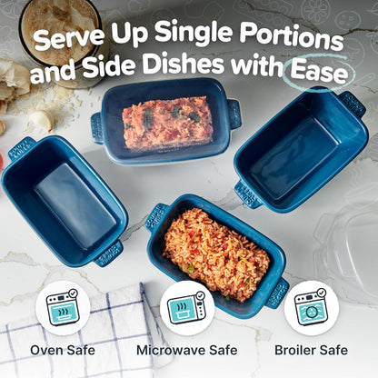 Souper Cubes Stoneware - Small 5" x 3" Ceramic Baking Dish Set of 4 with Silicone Covers | Blueberry
