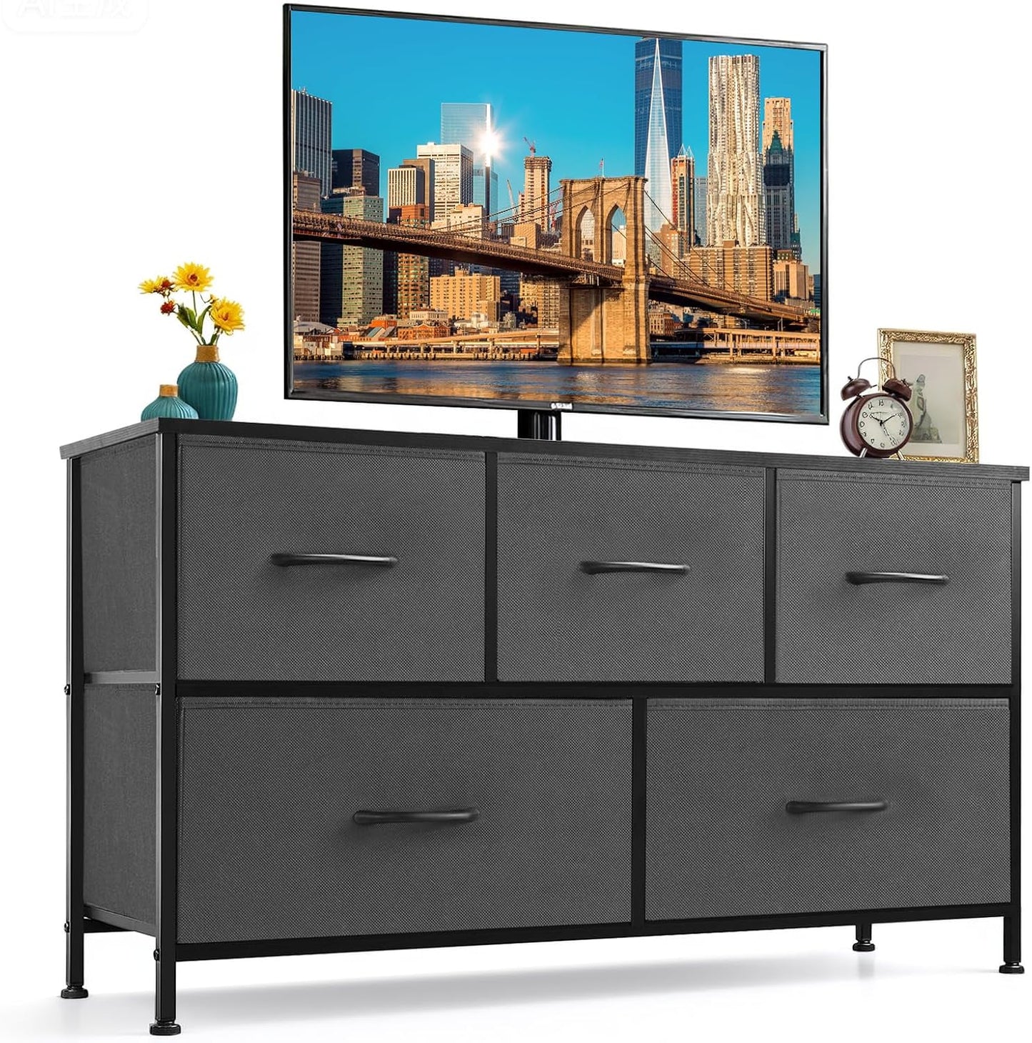 Regine Switzerland 5-Drawer Dresser - Anti-Tip Fabric Storage Organizer with Wooden Top | Gray