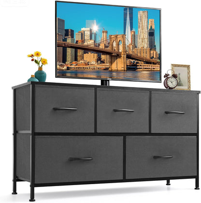 Regine Switzerland 5-Drawer Dresser - Anti-Tip Fabric Storage Organizer with Wooden Top | Gray