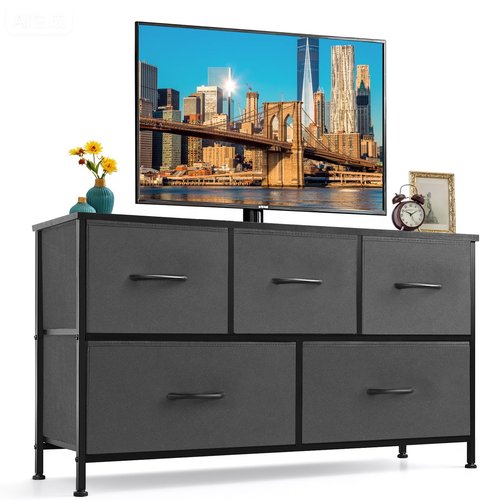 5-Drawer Dresser for Bedroom, Anti-Tip Wide Storage Organizer Fabric Chest of Drawers TV Stand for 45" TV with Wooden Top and Metal Frame for Closet, Living Room, Hallway, Entryway, Gray