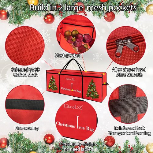 HikooLSS Christmas Tree Storage Bag - Heavy Duty 600D Oxford for 7.5 Ft Artificial Trees | Red 60x18x25in